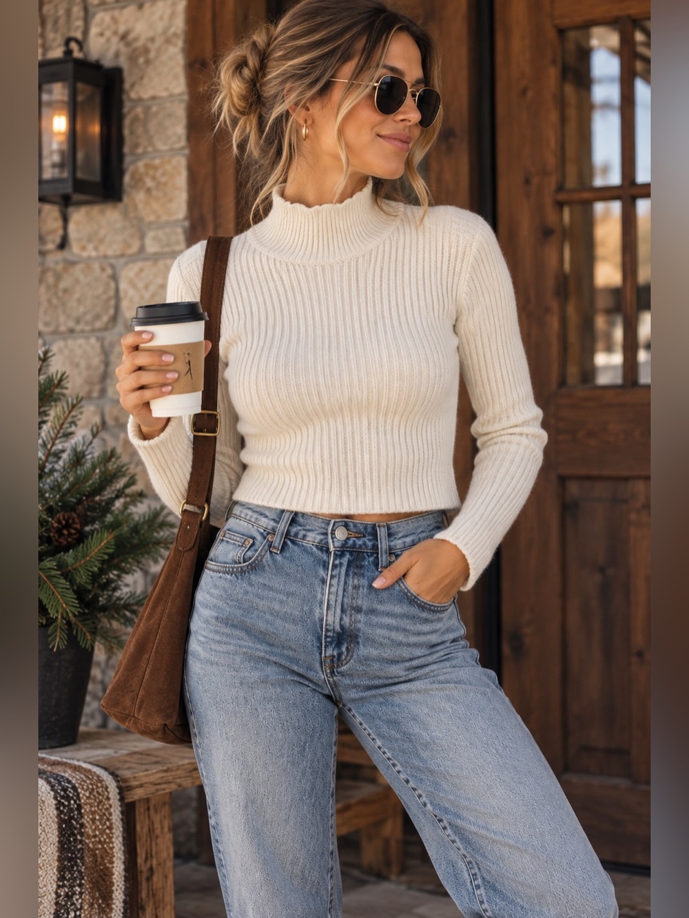 Industry Cream Ribbed Mock Neck Cropped Sweater Cabincore Minimalist